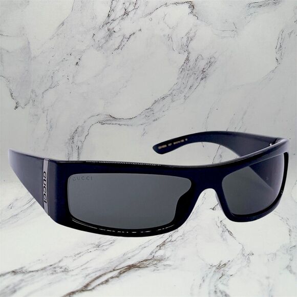 GUCCI Sunglasses New Black Wrap Square Acetate Fashion Show Rectangle Metal Logo - Picture 8 of 13